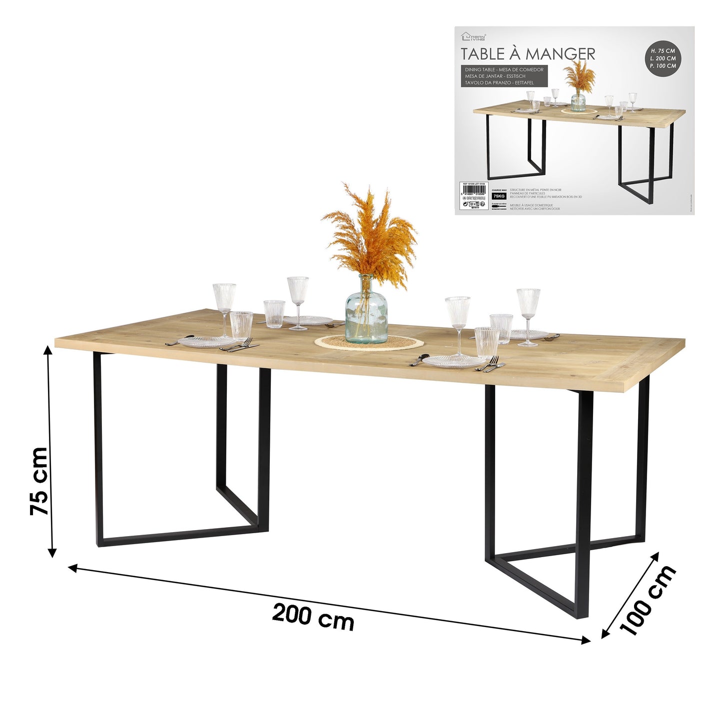 Mesa de Jantar "CountrySide" em Metal (Preto - 200x100x75 cm)