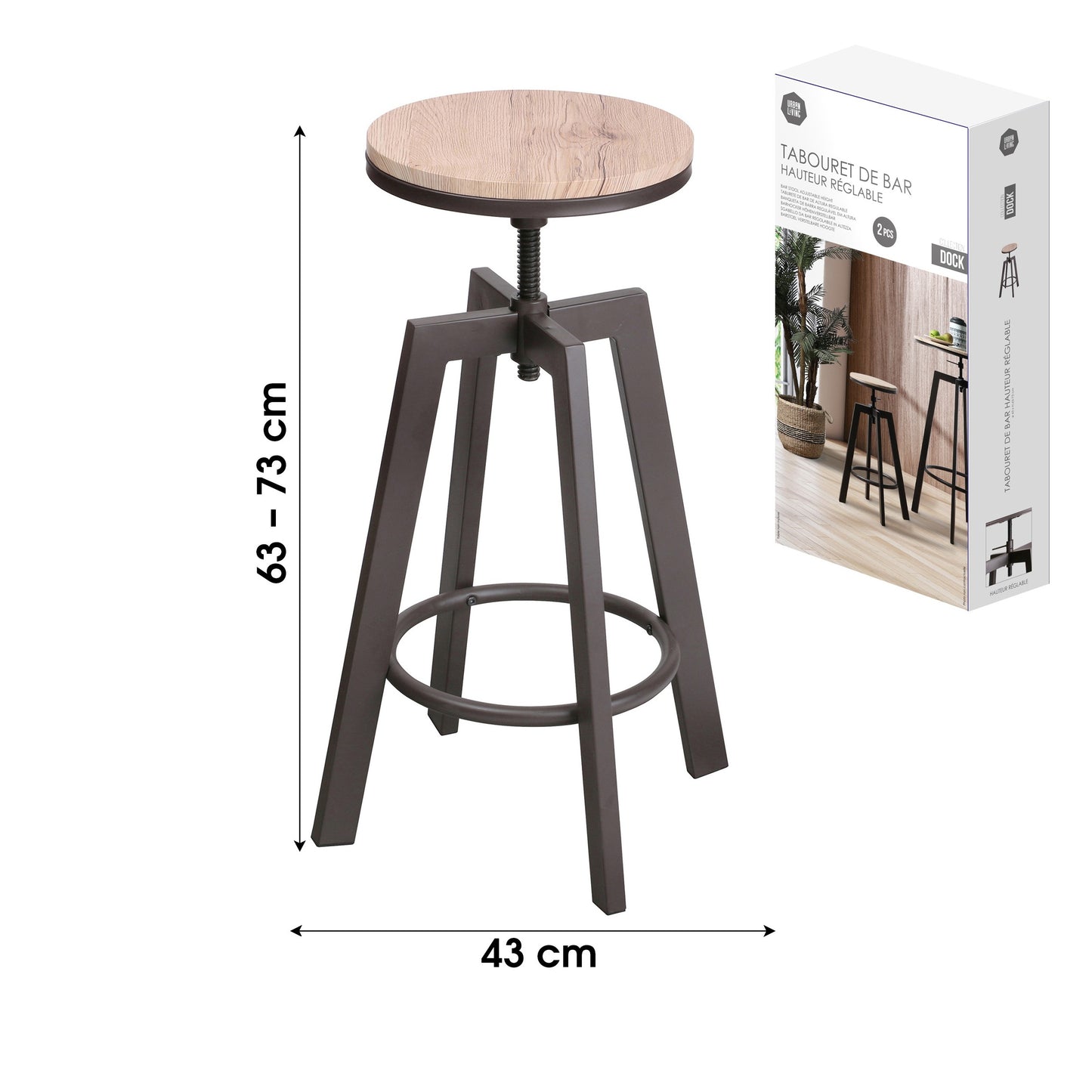 Banco de Bar Ajustável "Dock" (Diâmetro: 43 cm - Altura Ajustável: 63 a 73 cm)