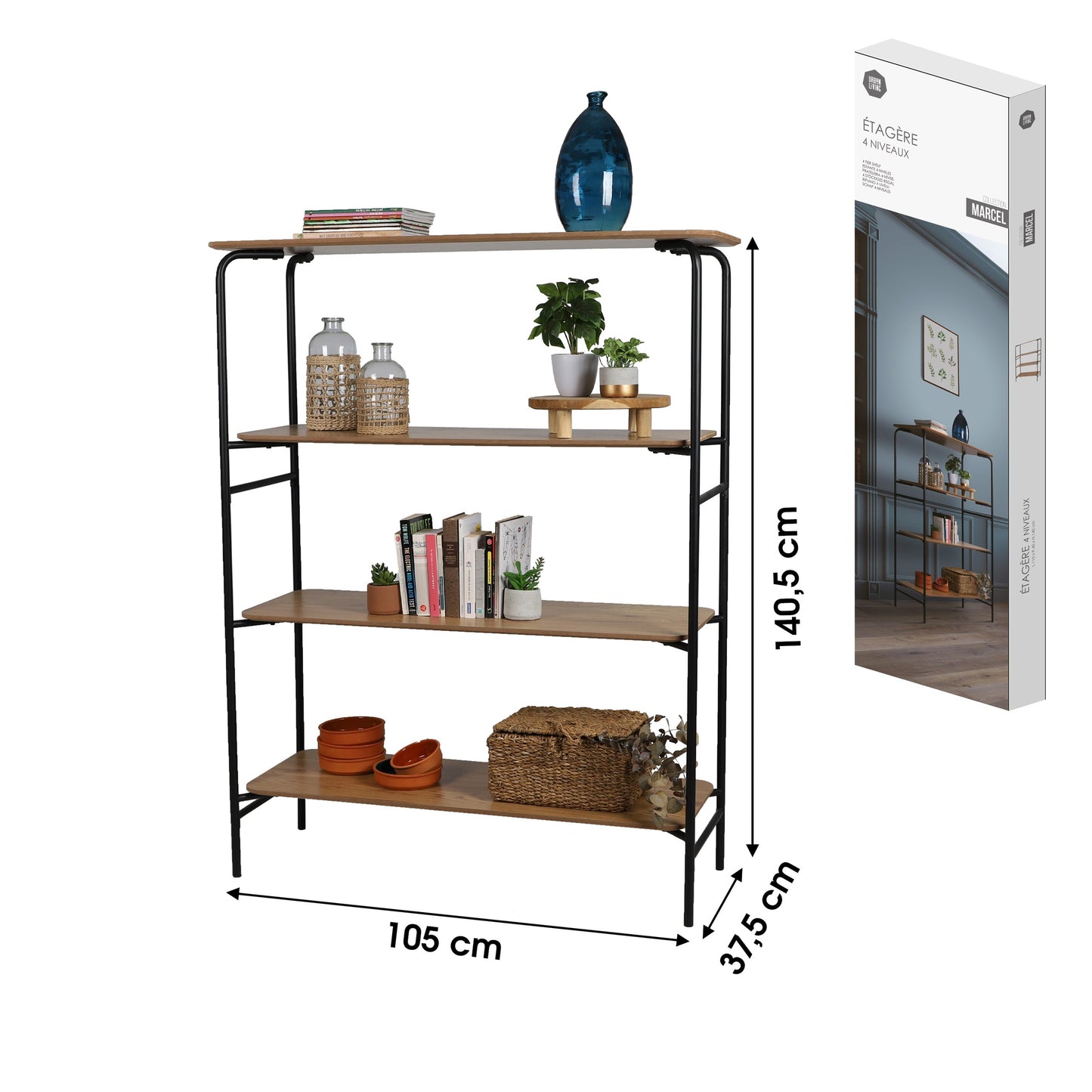Estante 4 Níveis com Estrutura em Metal "Marcel" (Preto - 105x37x140,5 cm)