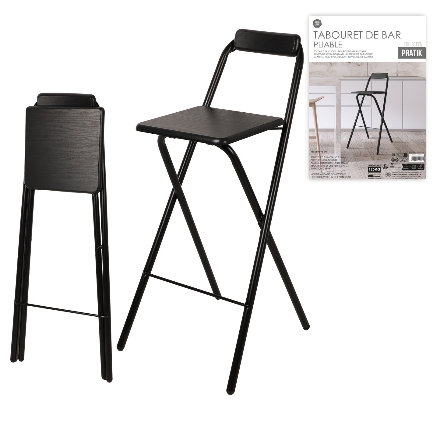 Banco Dobrável com Encosto "Pratik" (Preto - 48x43x98 cm)
