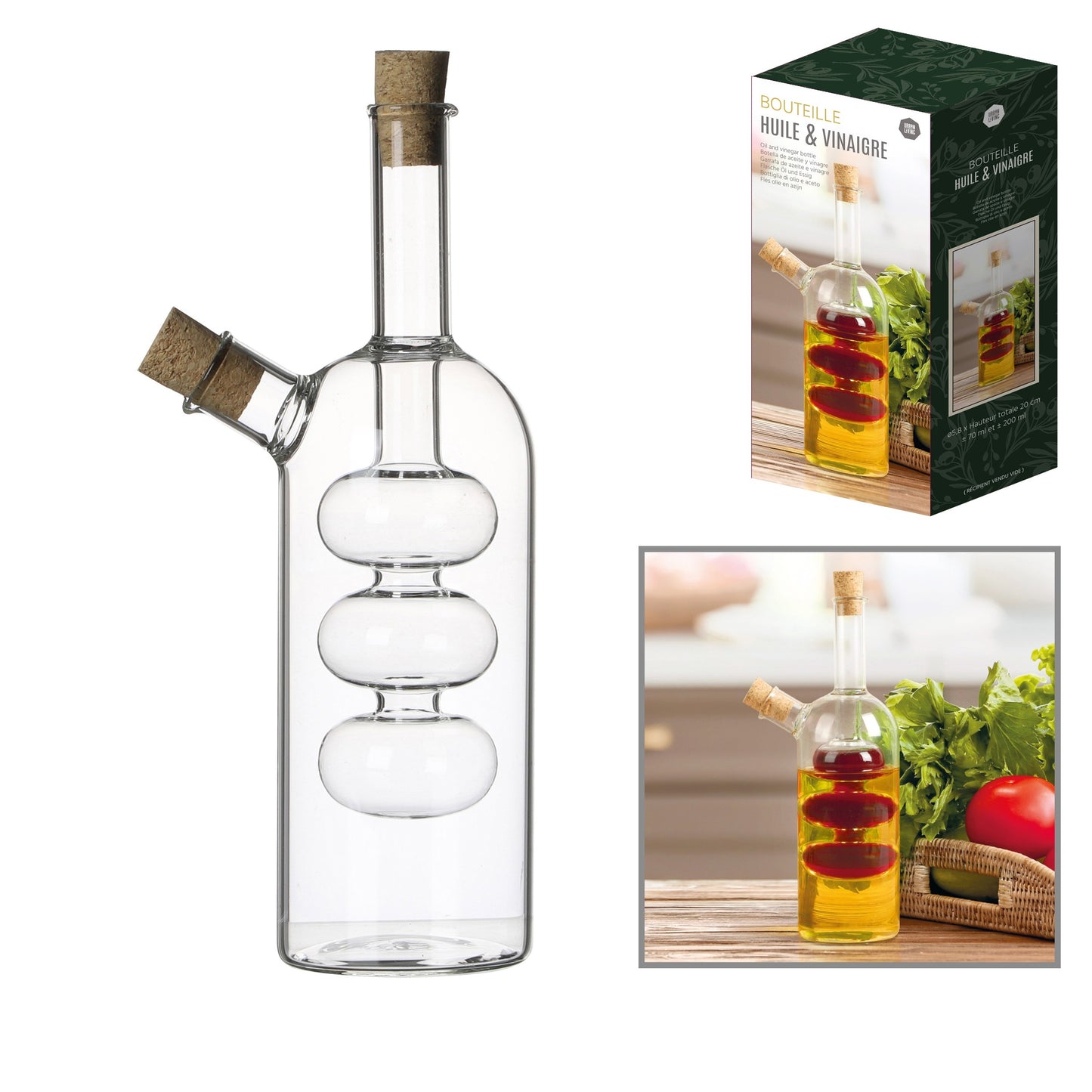 Garrafa de Vidro Azeite & Vinagre 2 em 1 (Diâmetro: 5,8 cm - Altura: 19 cm)
