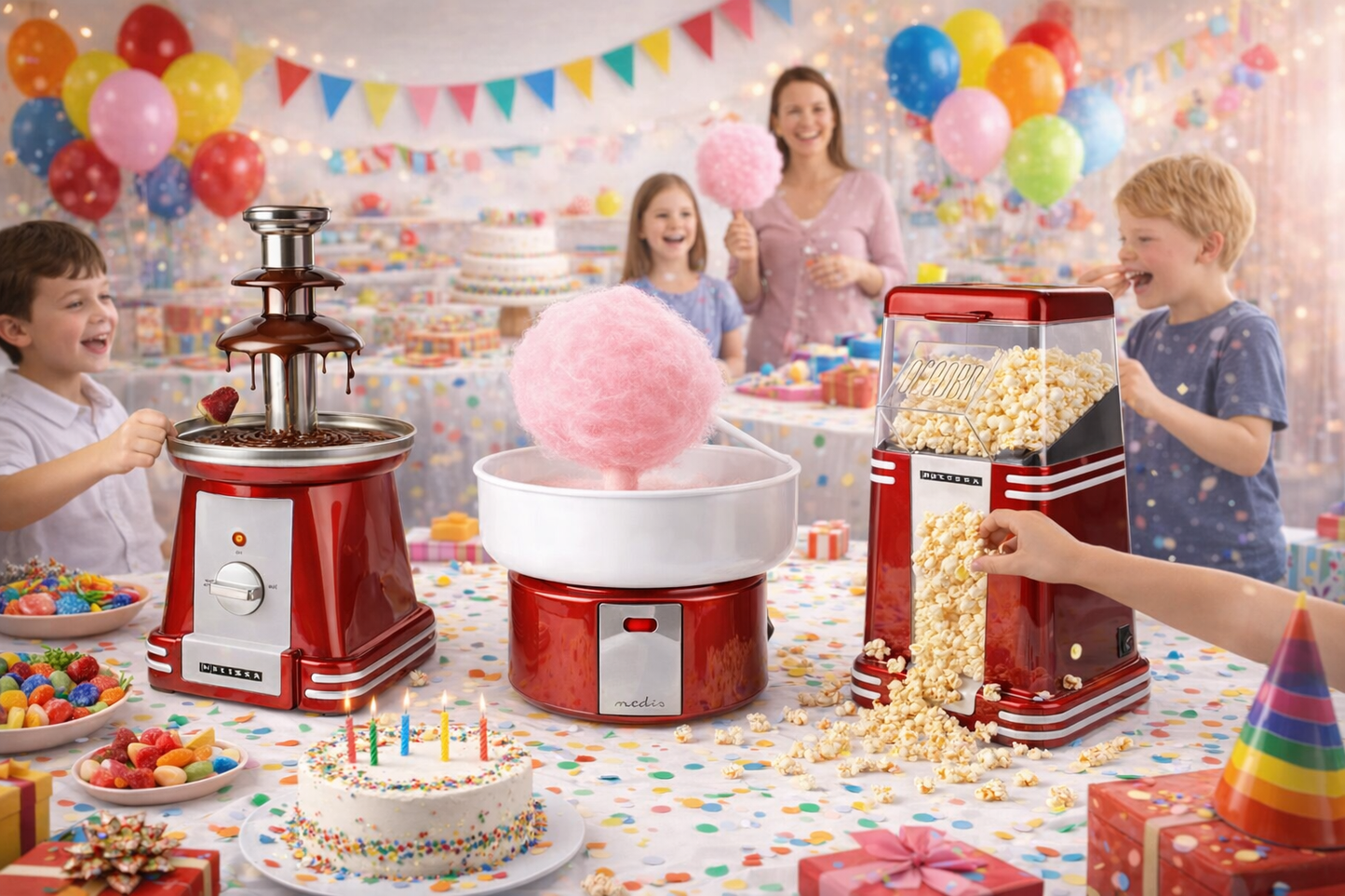 Set Party: Máquina de Algodão + Máquina de Pipocas  + Fonte de Chocolate