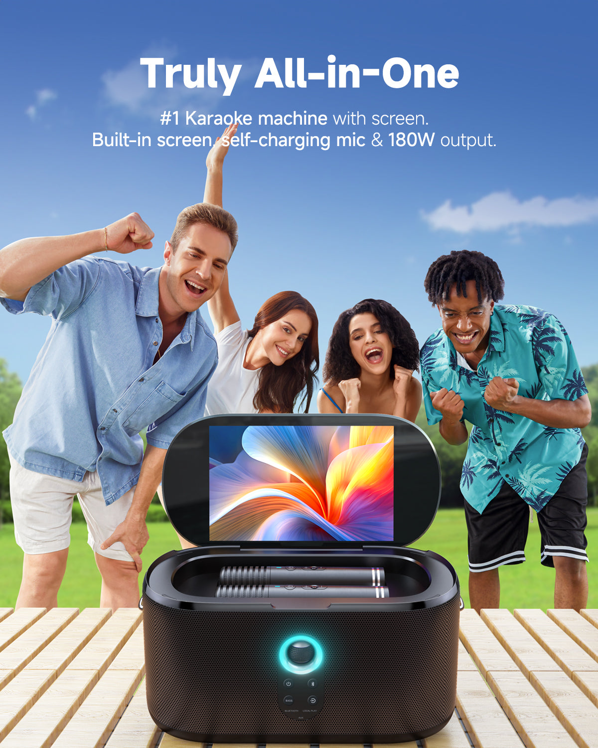 Sistema de Som Semi-Pro Ikarao -  Karaoke Portátil c/ Ecrã Tátil e 2 Microfones Incluídos