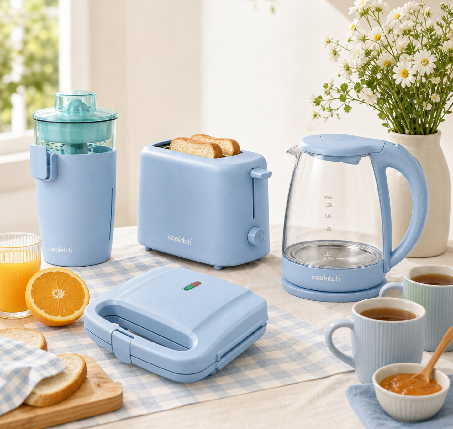 Conjunto Pequeno Almoço Sky Blue - Torradeira+ Sandwicheira+Jarro Elétrico+ Espremedor de Citrinos