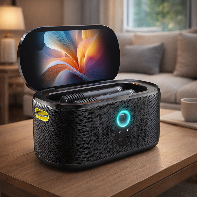 Sistema de Som Semi-Pro Ikarao -  Karaoke Portátil c/ Ecrã Tátil e 2 Microfones Incluídos