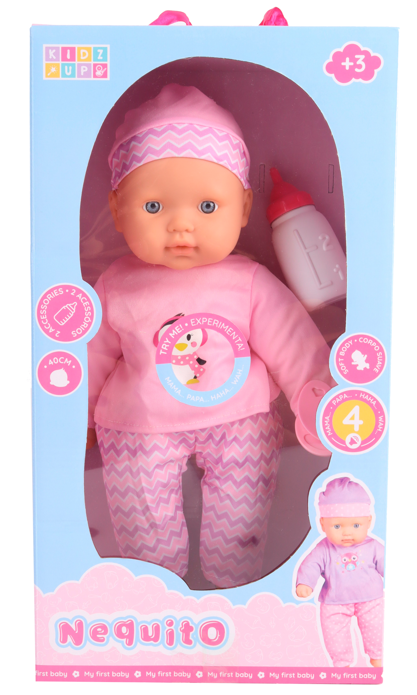 Boneca Bebé 38cm c/Som Roupa Rosa NEQUITO