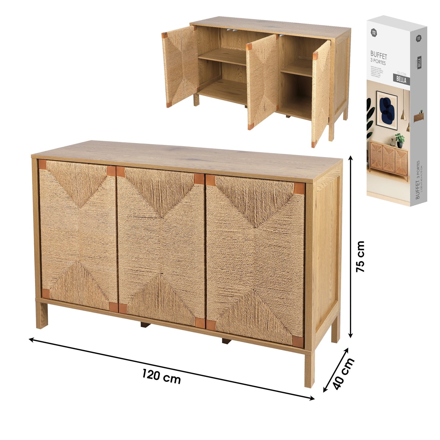 Aparador Buffet com 3 Portas em Corda "Bella" (120x40x75 cm)