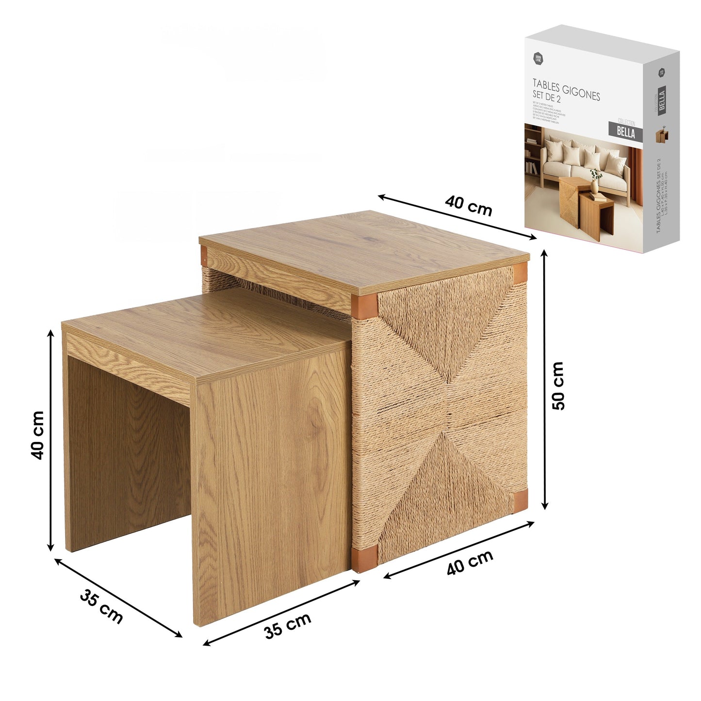 Conjunto de 2 Mesas em Corda "Bella" (35x35x40 & 40x40x50 cm)