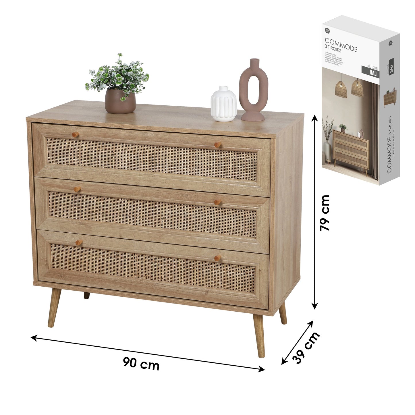 Cômoda com 3 Gavetas "Bali" (39x90x79 cm)