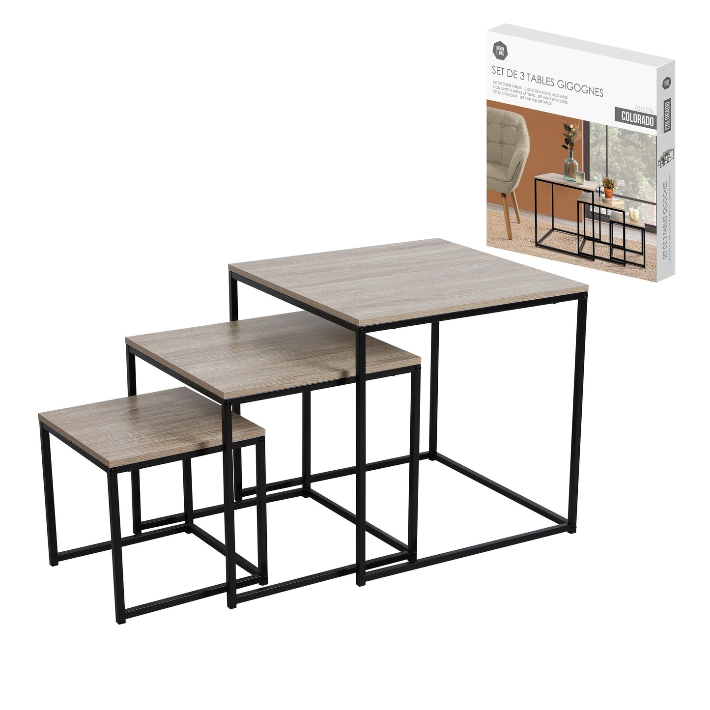 Conjunto de 3 Mesas Ninho Quadradas "Colorado" (30x30 & 40x40 & 50&50 cm)