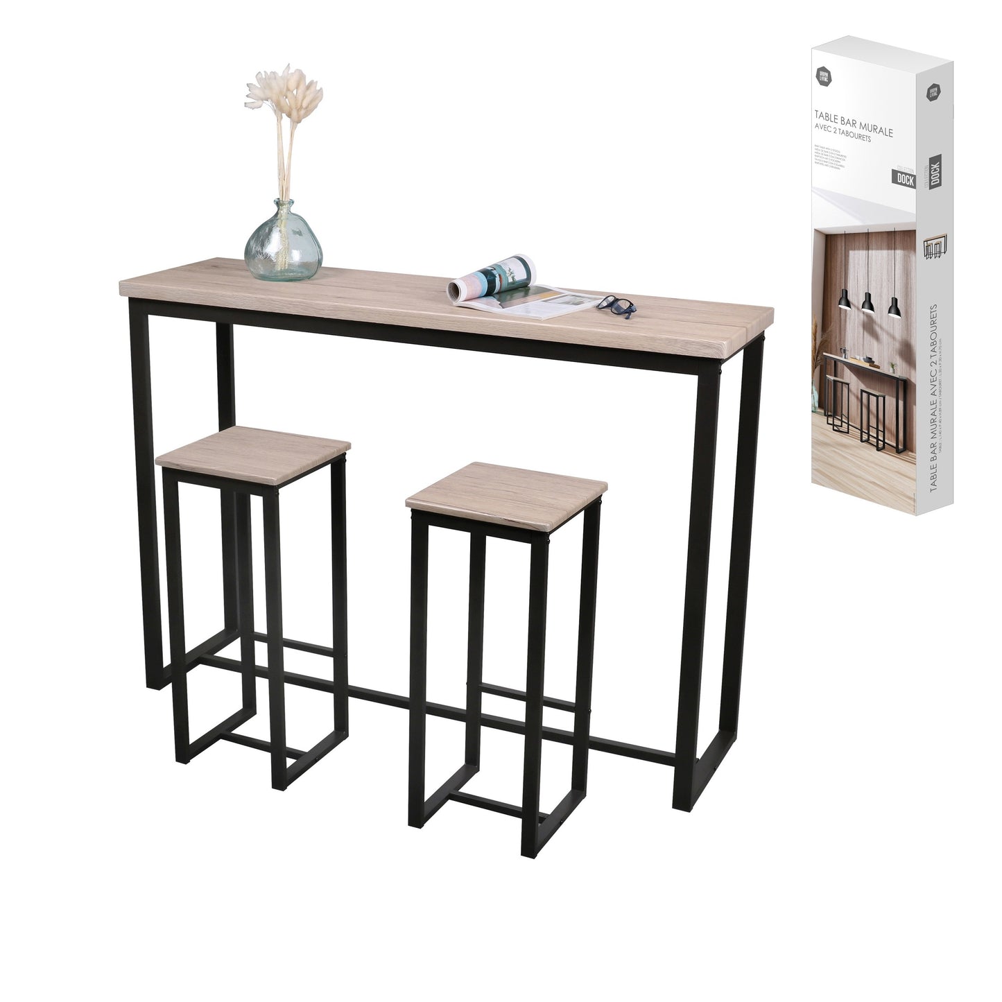 Mesa de Bar Retangular com 2 Banquetas "Dock" (140x40x89 & 30x30x70 cm)