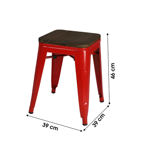 Banco de Bar em Metal Vermelho com Pormenor em Madeira (39x39x46 cm)