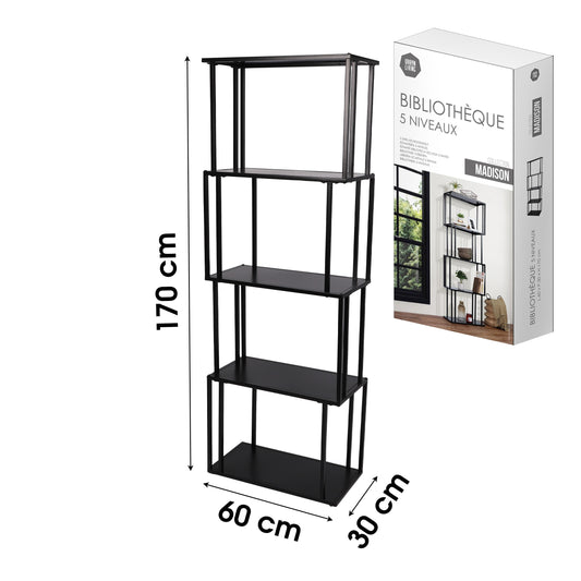 Estante 5 Níveis com Estrutura em Metal "Madison" (Preto - 60x30x170 cm)