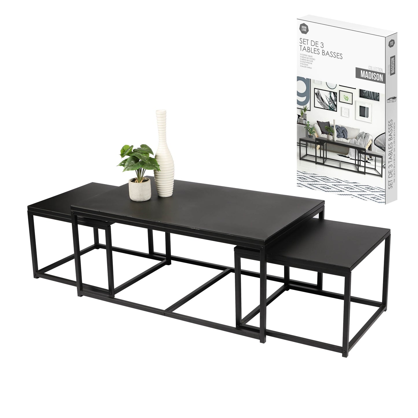 Conjunto de 3 Mesas de Centro em Metal (100x60x45 - 1 Uni. & 50x50x38 cm - 2 Uni.)