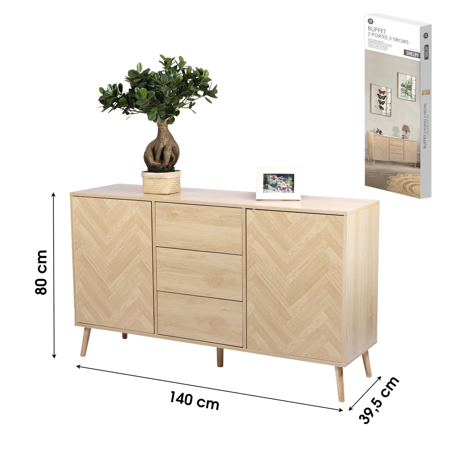 Aparador com 2 Portas e 3 Gavetas "Shelby" (140x40x80 cm)