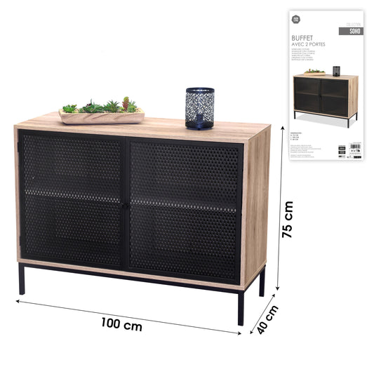 Aparador 2 Portas em Madeira com Grelha de Metal "Soho" (100x40x75 cm)