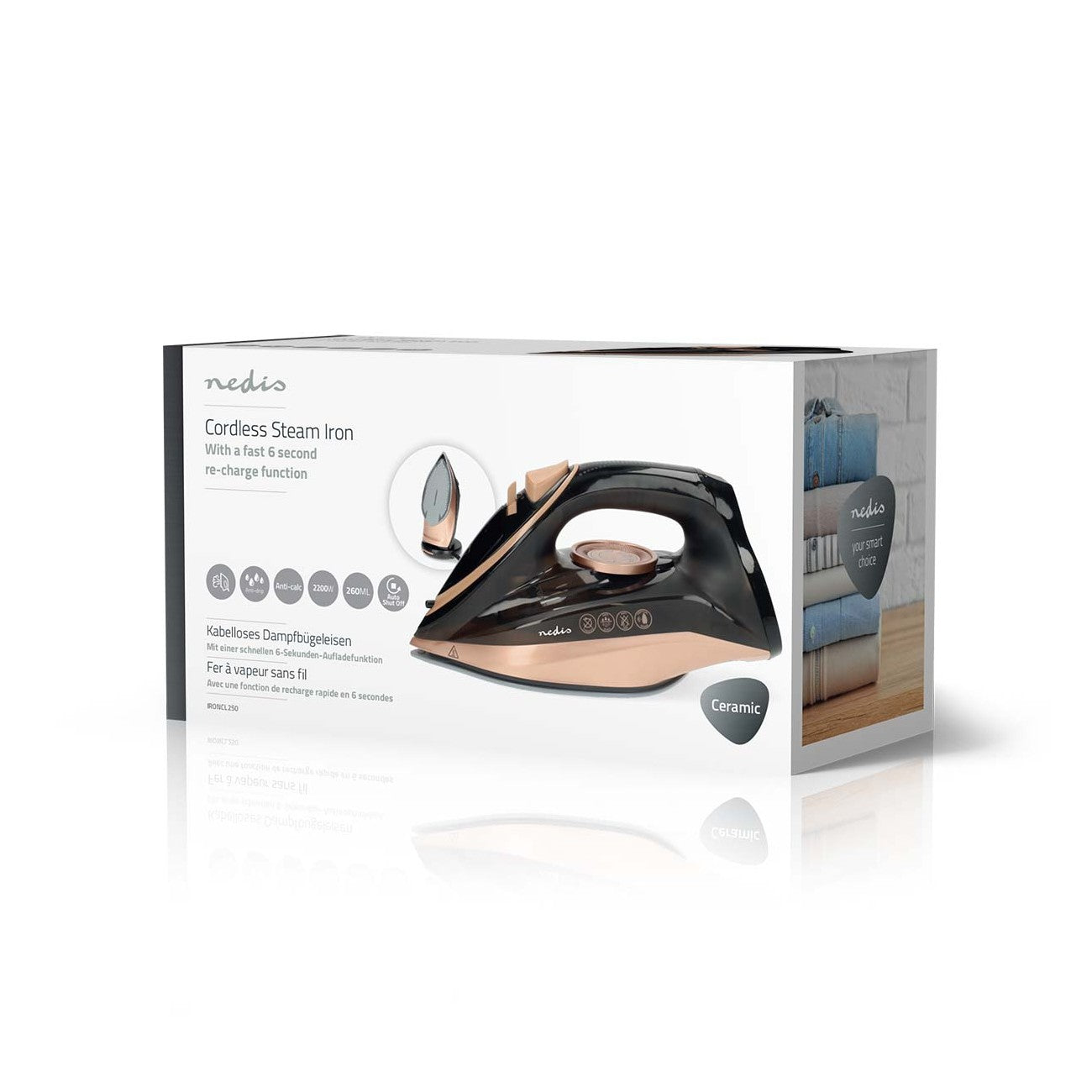 Ferro Engomar a Vapor Sem Fios 2200W (Base Aço Inoxidável)