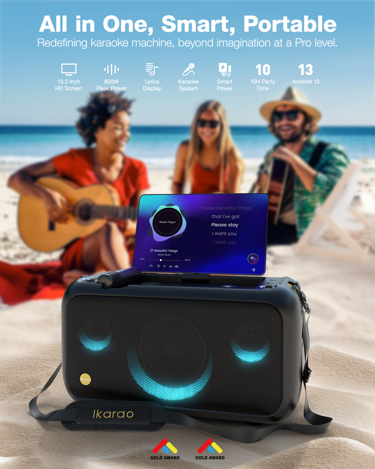 Sistema de Som Karaoke Portátil Break X1 com Ecrã Tátil 13,3" 180º + 2 Microfones sem Fios – Android