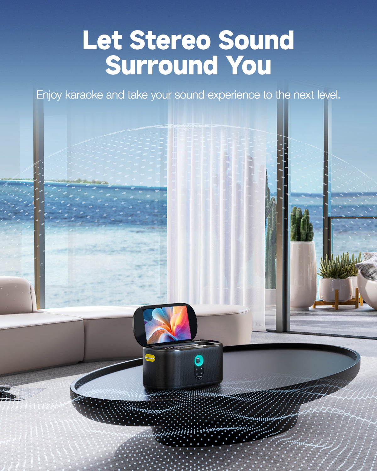 Sistema de Som Semi-Pro Ikarao -  Karaoke Portátil c/ Ecrã Tátil e 2 Microfones Incluídos